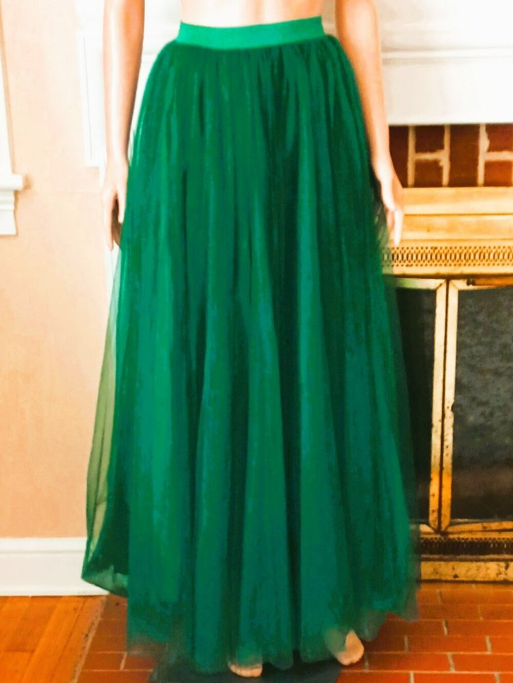 Women's Layered Green Tulle Crinoline A-Line Floor Length Petticoat Slip
